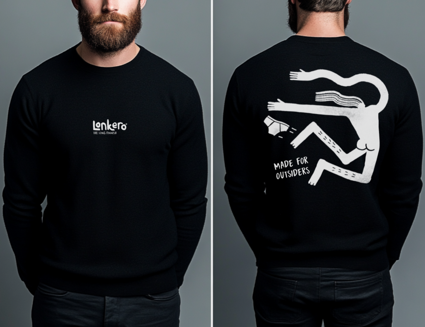 Black Lonkero sweater with front and back design. The front features the Lonkero logo with the tagline 'The Long Finnish,' while the back showcases an abstract illustration with the phrase 'Made for Outsiders.