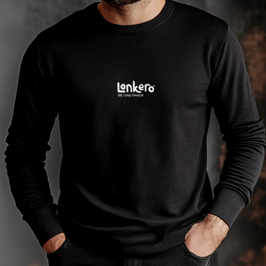 Black Lonkero sweater featuring the brand's logo and the tagline 'The Long Finnish' on the front, worn by a bearded male model.